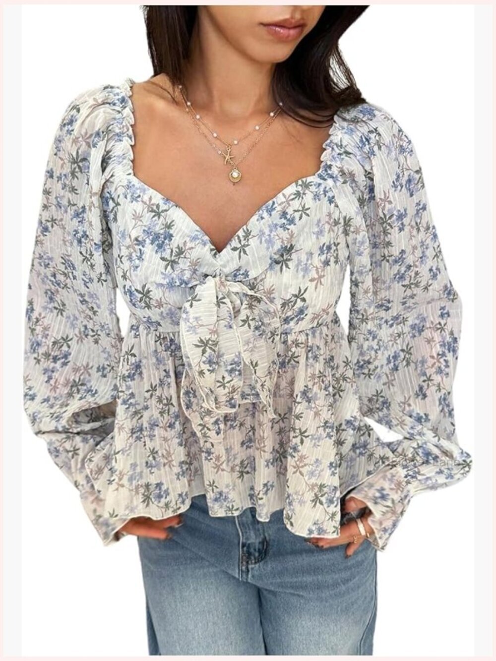 Floral Knot Front Blouse with Flounce Sleeves Ruffle Peplum Top